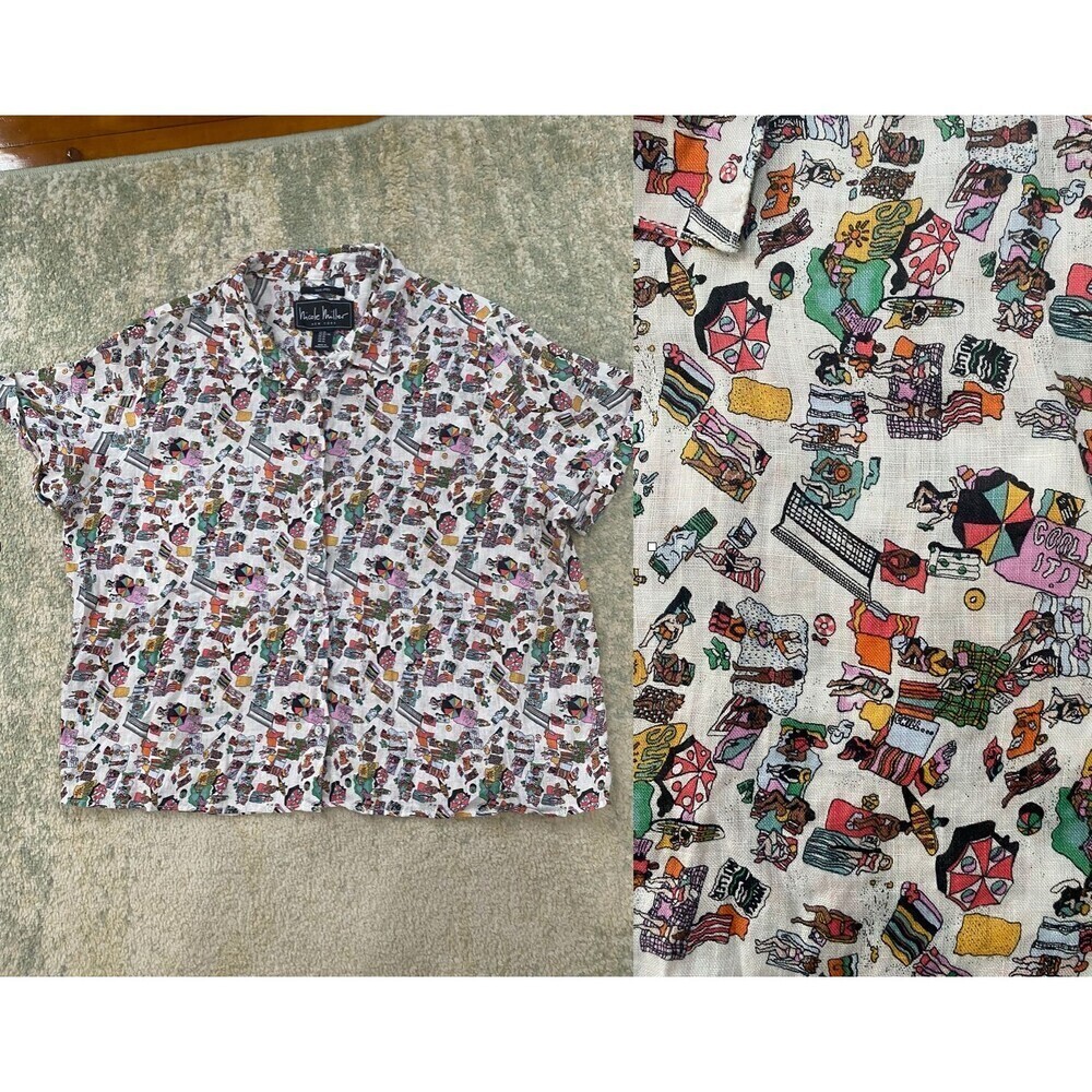 Nicole Miller 100% Linen Top Womens Sz XL Retro Beach Print Button Up Multicolor
